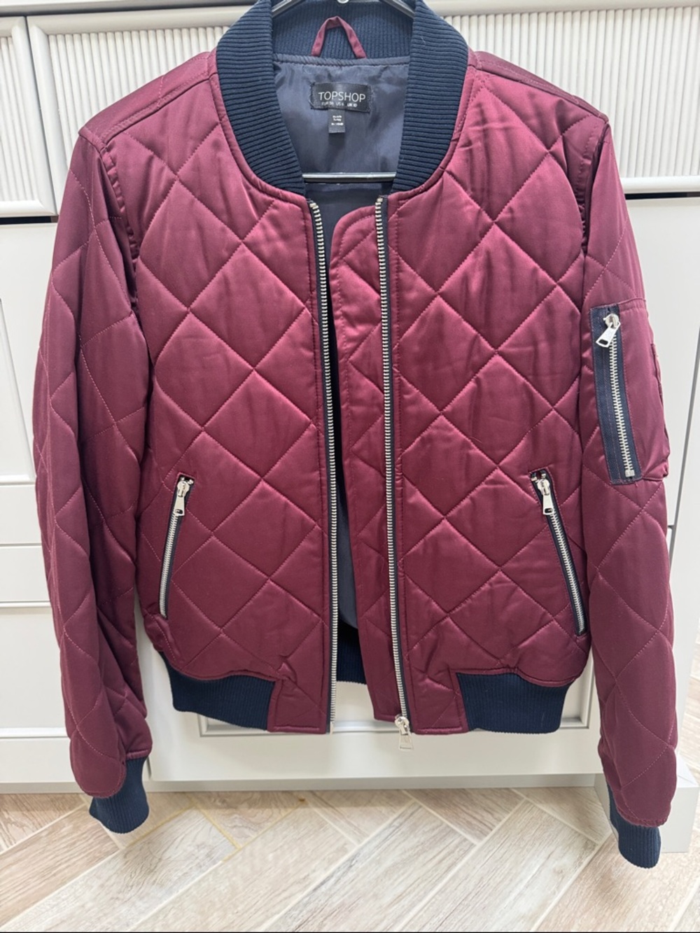 Topshop Quilted Burgundy Bomber Jacket with Navy Trim
